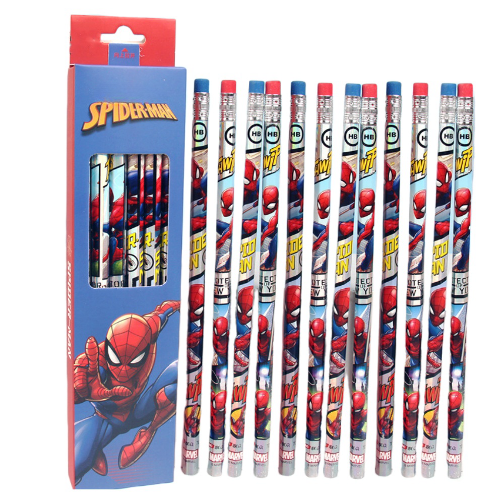 Pack of 12 Princess HB Pencils with erasers Kids Children Party Bag Fillers School Office (Spiderman(Different colour boxes Random shipping))