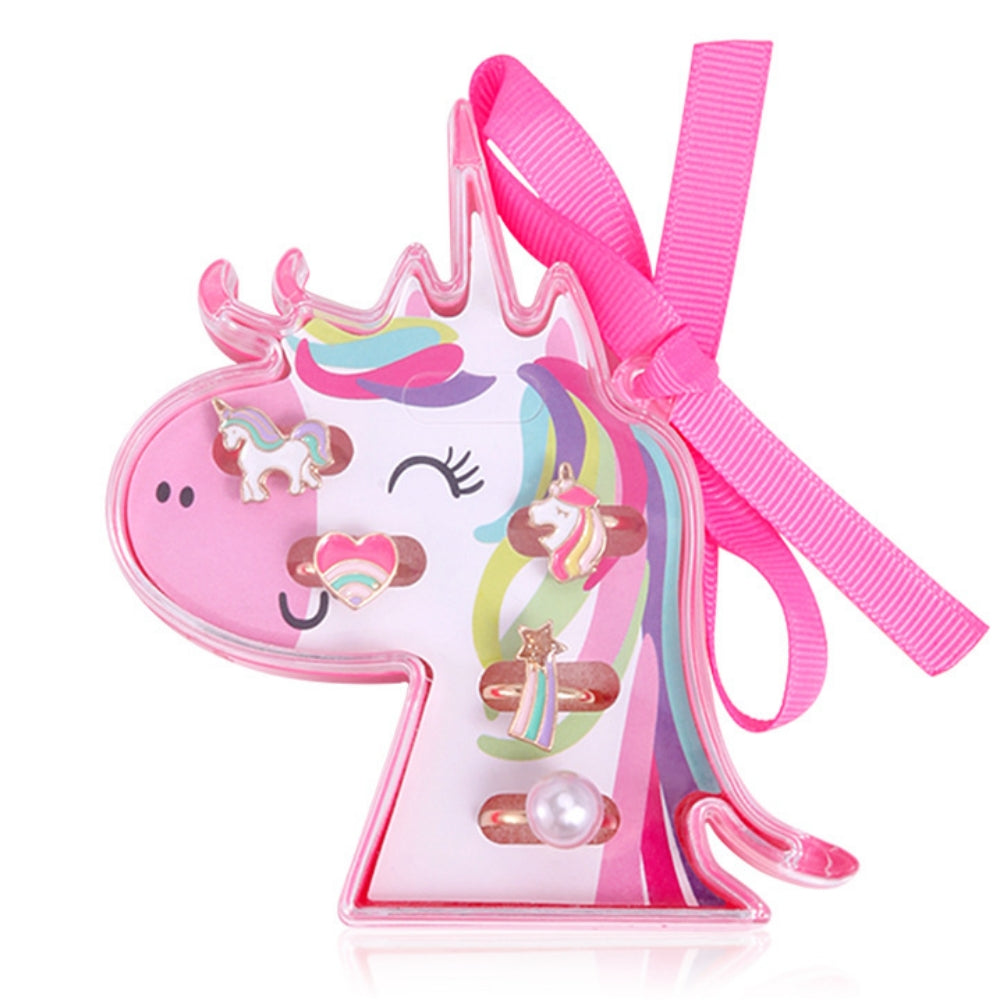 5pcs Adjustable Girls Rings Set Toys, Unicorn Finger Rings Princess Mermaid Rainbow Dress up for Children Kids Little Girls (Unicorn Box Gift Set)