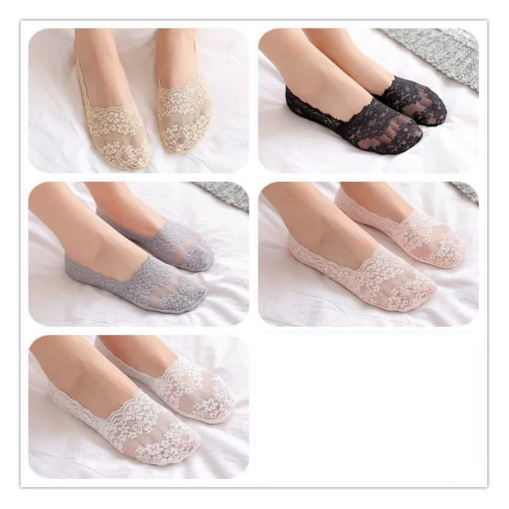 5 Pairs Women Invisible Ultra Low Cut Socks Lace Boat Socks Non-slip Liners Socks with cotton and Anti-slip Gel Breathable