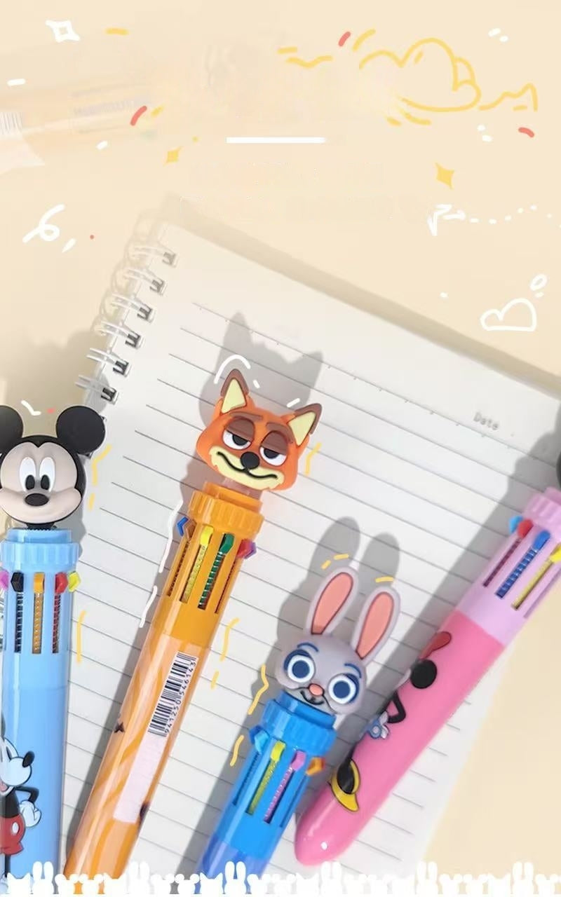 Multicolor teddy bear Pens 0.5mm 10-in-1 Retractable Ballpoint Pens 10 Colors Transparent Barrel Ballpoint Pen for Office Supplies and kids school(Mickey)