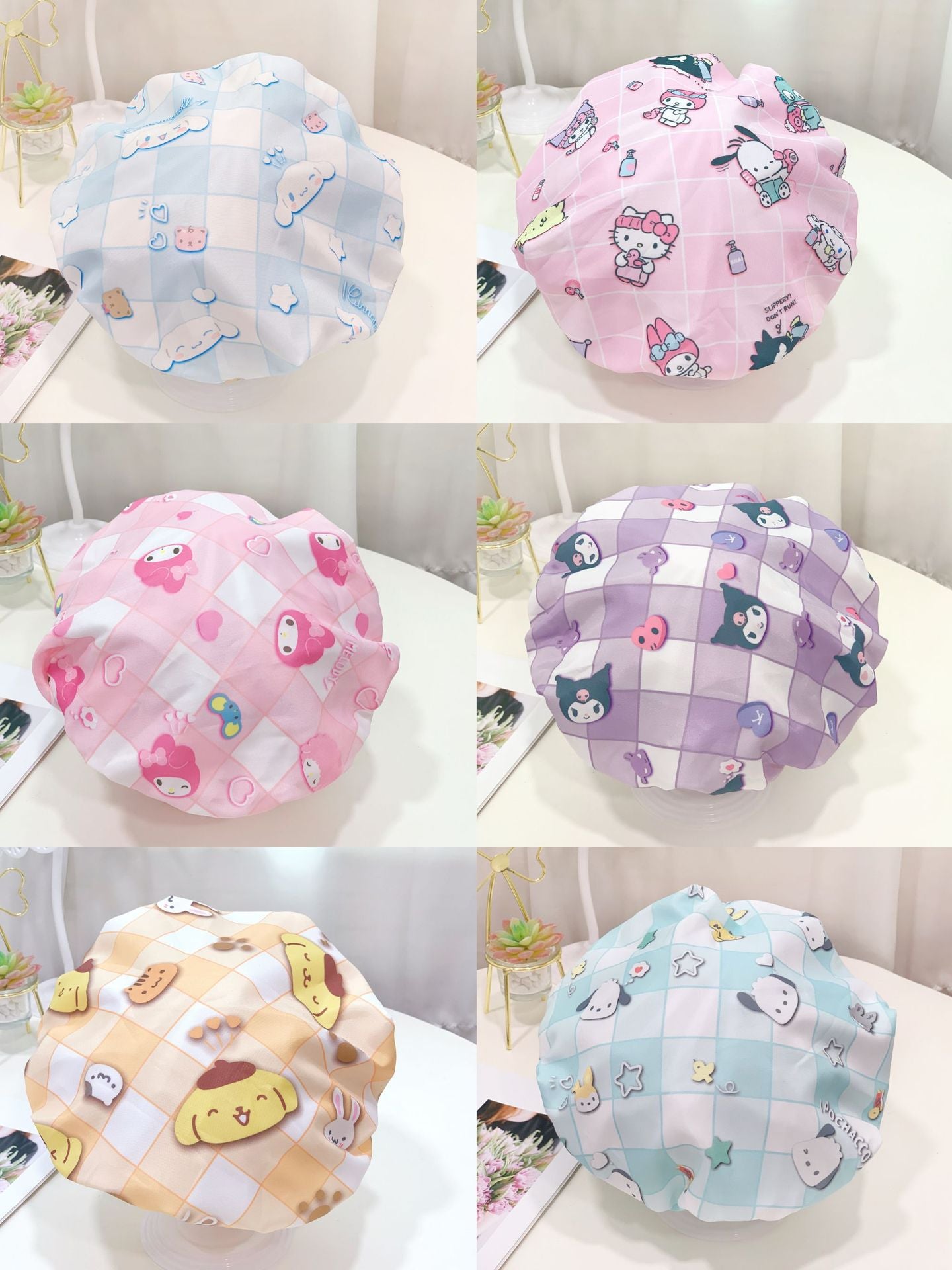 2 Pcs Bath reusable Caps Elastic Band Double Layers Waterproof Shower Caps With cute Kitty Covering Ears Keeping Hair Dry Kitchen Oil-proof Cap for Girls and Women