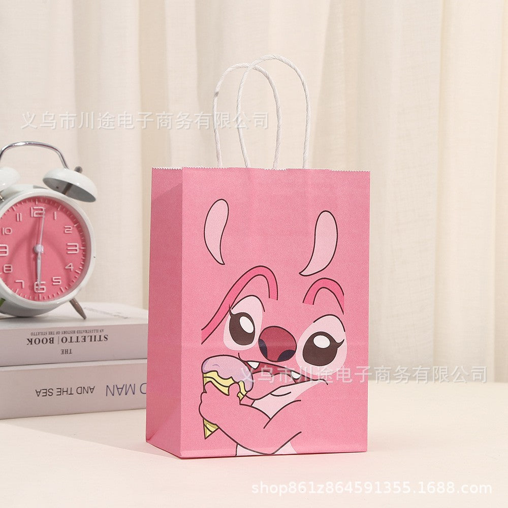 18 Pieces Princess Pink Kraft Paper Bags for Girls Gifts Party Favor Goodie Treat Bags With Handle for Christmas,Birthday,and Celebrations Party Supplies(Stitch)