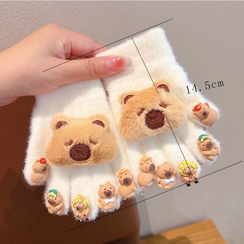 Full Finger Gloves Dinosaur Cat Capybara Winter Knit Warm Mittens Soft Lined Fleece Thermal Outdoor Stretchy Gloves for Kids boys girls (Cinnamoroll With A Doll, One Size)