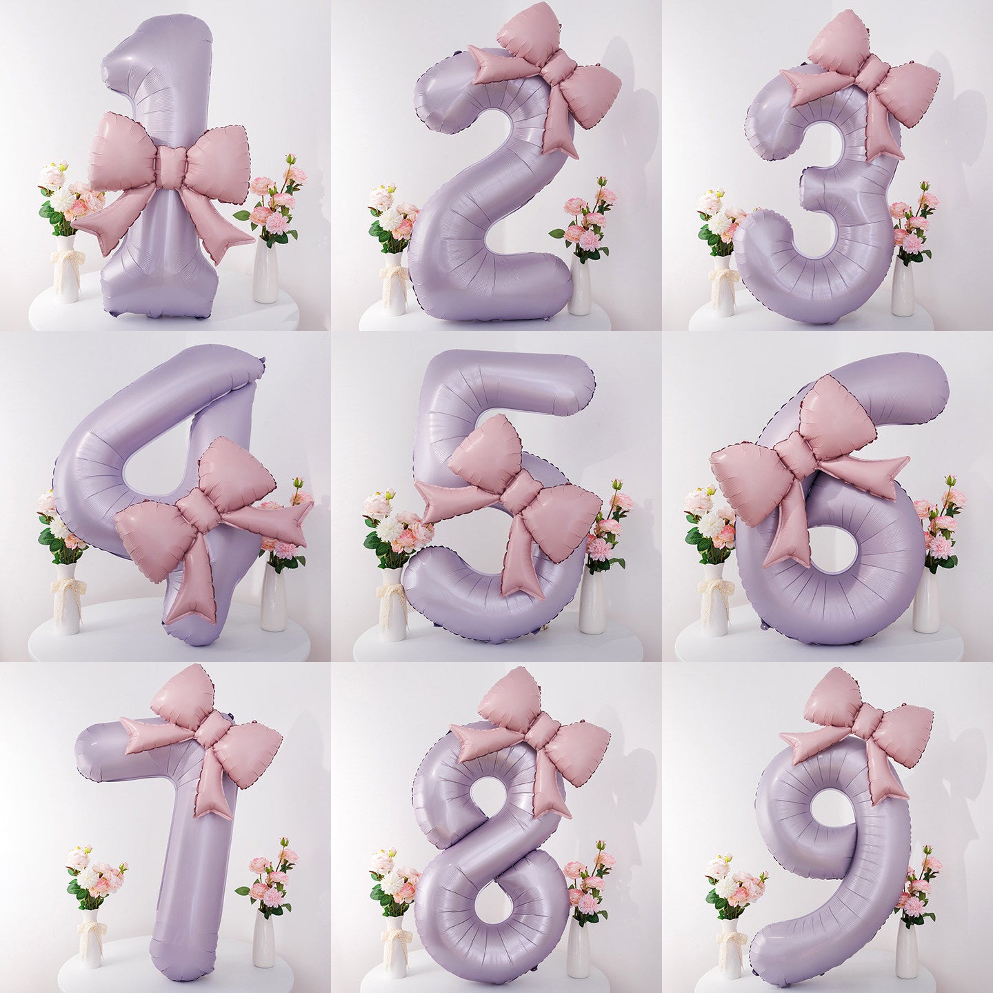 40'' Purple Number with Bow Balloon, Self Inflating Foil Light Pink Set 0-9, Pastel Pink Helium Balloon for Girls Birthday Party Decorations Anniversary Supplies (Purple, Number 9)