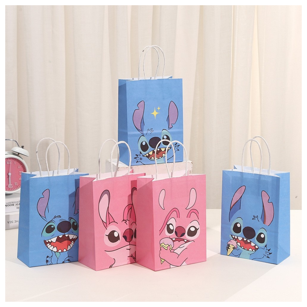 18 Pieces Princess Pink Kraft Paper for Girls Gifts Party FavorGoodie Bags Treat With Handle for Christmas,Birthday,and Celebrations Supplies (Stitch)