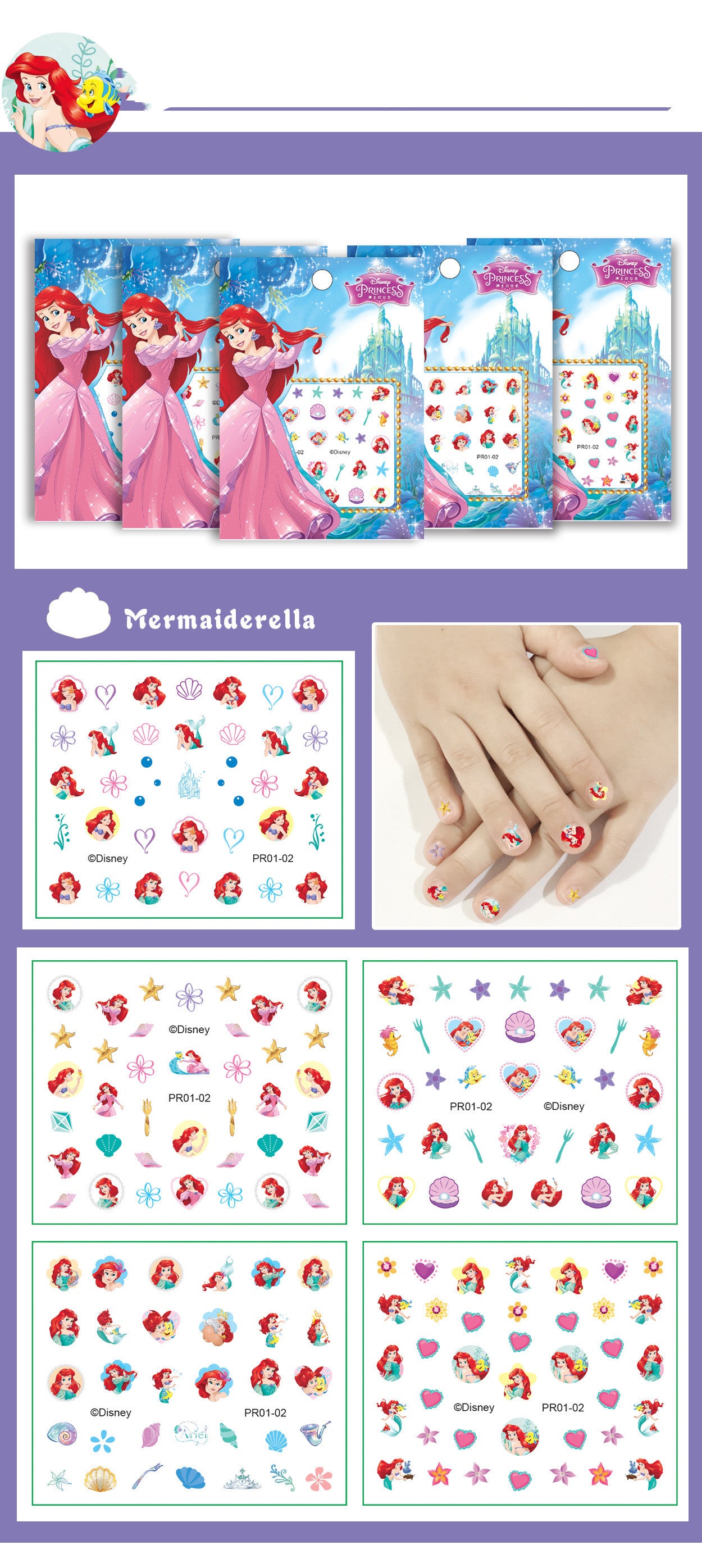 5 Sheets Toddlers Princess Elsa Minnie Kids Girls Nail stickers Earring Stickers Art Decal Party Bag Fillers Decor for Kids Girls Birthday Gift (Mermaid nail stickers)