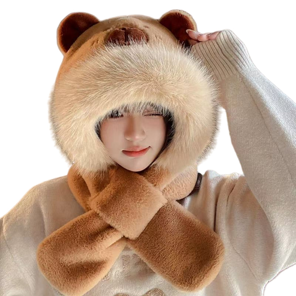 Kids Cartoon 3 in 1 Hat Scarf Gloves Set Winter Warm Fleece Faux Fur Hoodie Full Hood Thick Thermal Scarves Gifts for Boys and Girls Kids