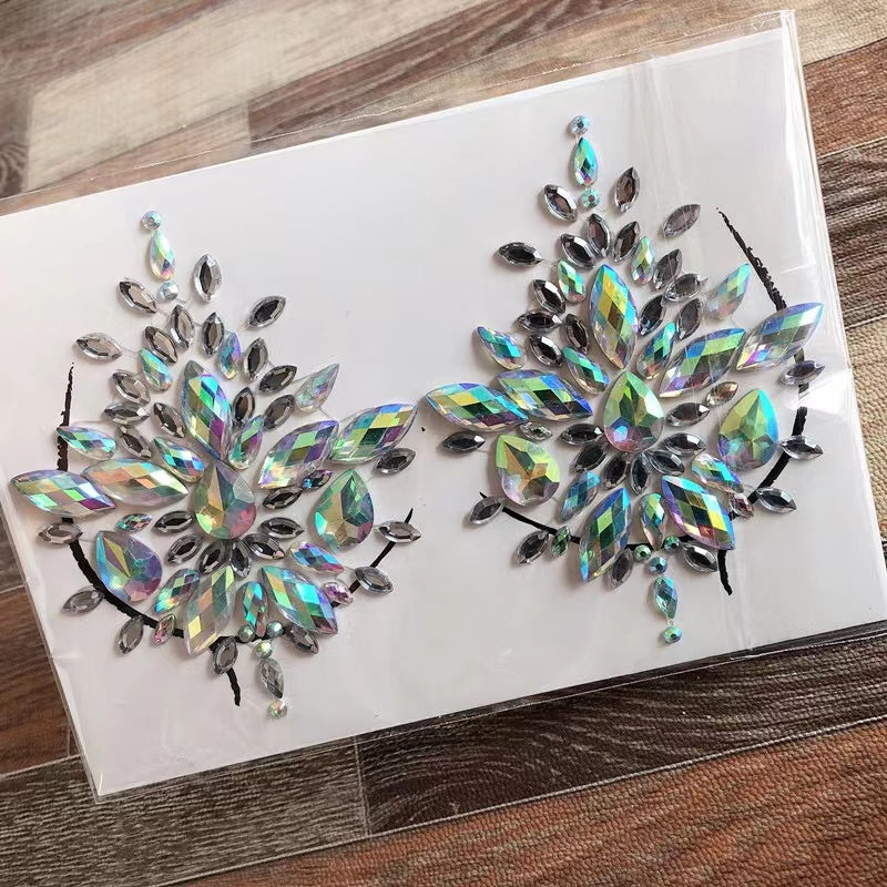 Women Kids 4 Sheets breast body neck Nipple Crystal Glitter Rhinestone Diamond Stickers Art Designs Self Adhesive Gem Festival Makeup Temporary Tattoos for Rave Festival Party