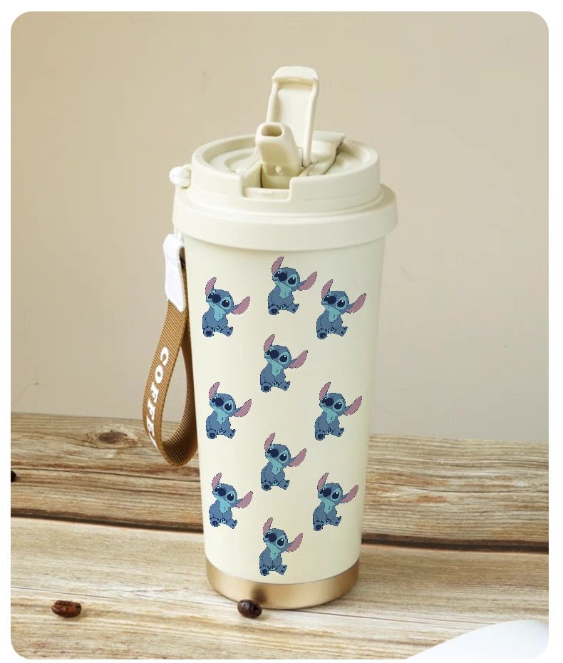 600ML Stitch Travel Mugs, Insulated Coffee Cup with Leakproof Lid Reusable Water Bottle Travel Car Coffee Cup -Stainless Steel Coffee Thermal Mug for Hot and Cold Coffee Water and Tea