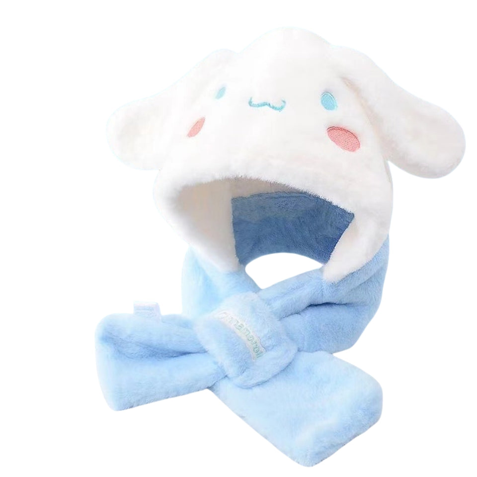 Kids Cartoon 3 in 1 Hat Scarf Gloves Set Winter Warm Fleece Stch Faux Fur Hoodie Full Hood Thick Thermal Scarves Gifts for Boys and Girls Kids(Cinnamoroll 01)