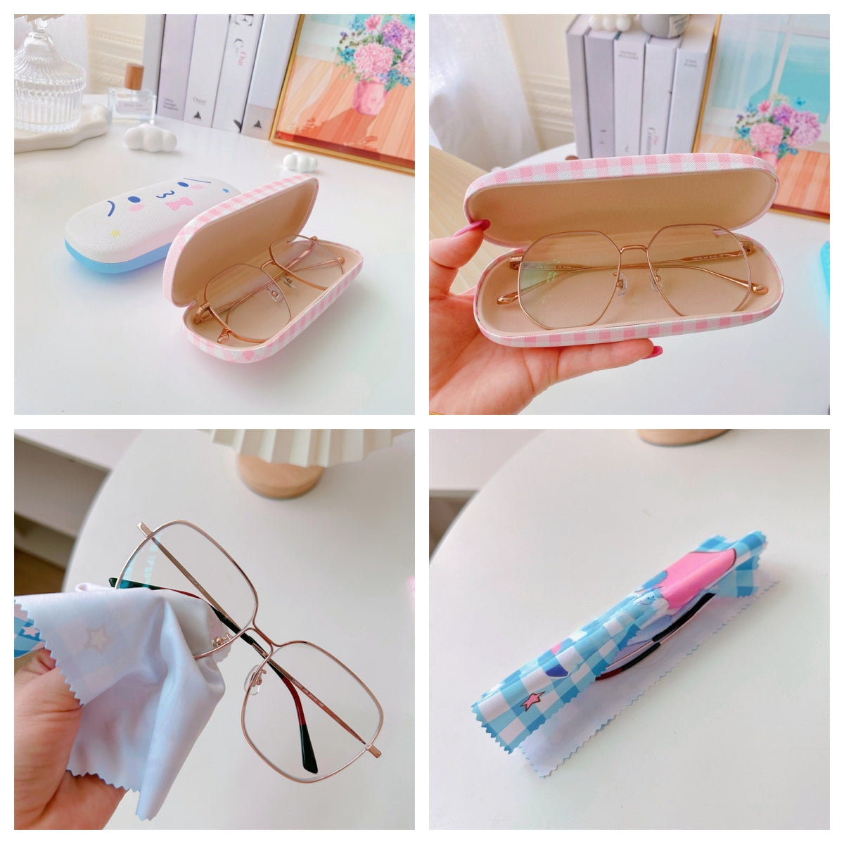 Lovely cat Cartoon Hard Shell Eyeglasses Cases Girl Protective Case Storage Box With Glasses Cloth for Teen PU leather eyegalss case (Cinnamoroll)