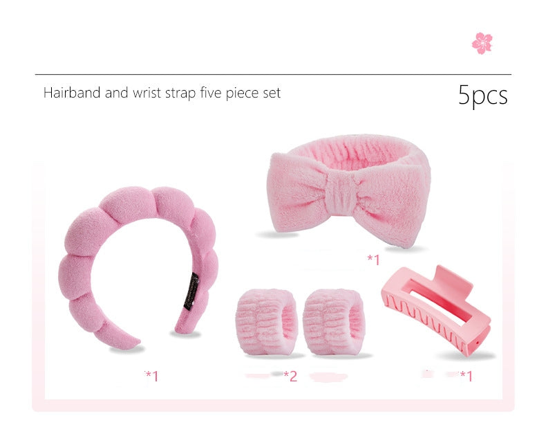 5 Pcs Face Wash Sponge Headband Wristband Sets for Washing Face Set in Box. Makeup with Wrist Strap, Hair Band, Spa, hair claw, Makeup Removal, Shower