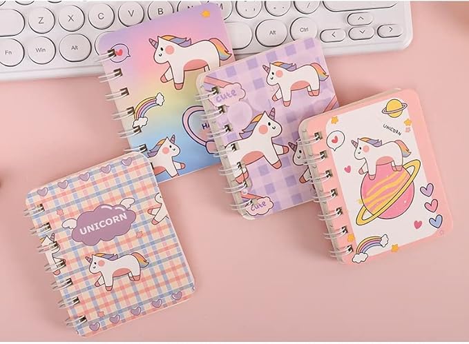 4PCS cute unicorn bus Notebook Wirebound Small Mini Pocket Journal Diary for Girls Boys Kids Gift Spiral bound A7 Lined Notebook Writing Drawing Notepad
