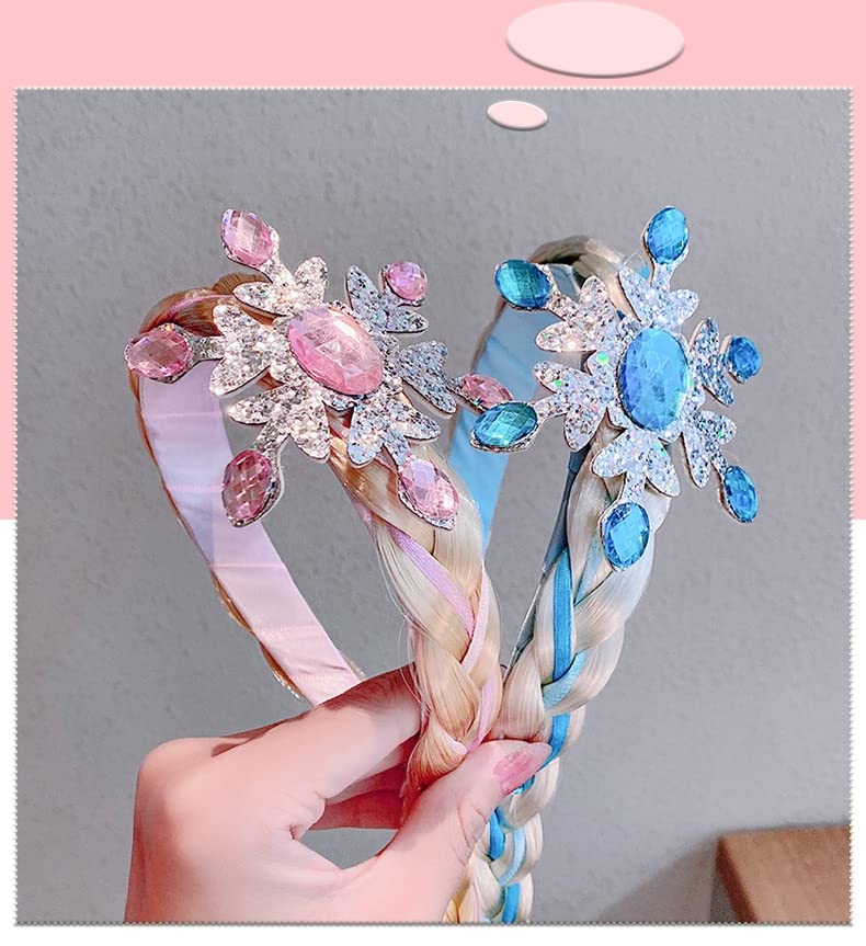 Kids Girls Toddlers Blue Elsa Ponytail Hair Extension Party Hair clips Snowflake Crown Headband Hairband Costume Dress up Braided Wigs (Pink Snowflake Headband)