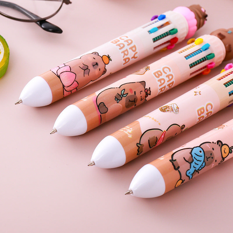 Multicolor teddy bear Pens 0.5mm 10-in-1 Retractable Ballpoint Pens 10 Colors Transparent Barrel Ballpoint Pen for Office Supplies and kids school (Capybara)