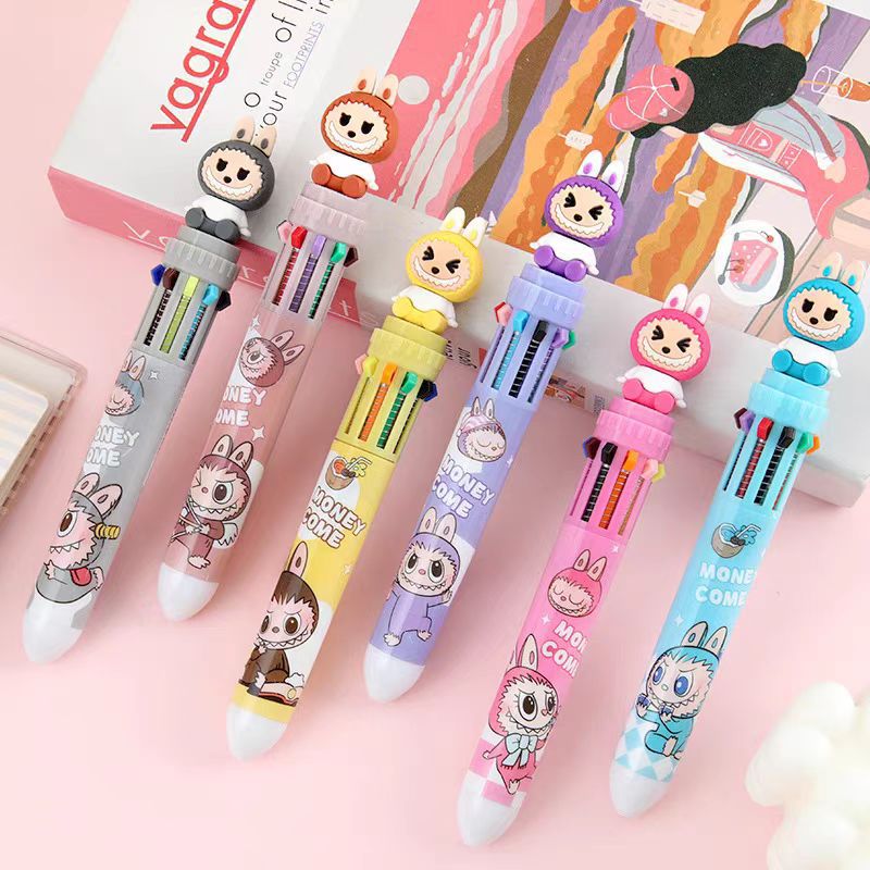 Multicolor teddy bear Pens 0.5mm 10-in-1 Retractable Ballpoint Pens 10 Colors Transparent Barrel Ballpoint Pen for Office Supplies and kids school (Labubu(random color))