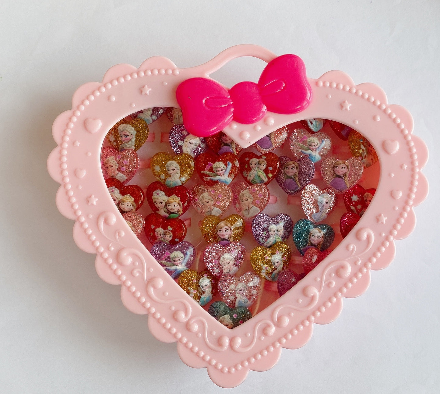 20Pcs Adjustable Princess pink Jewelry Girl Kids elsa Cartoon Plastic Rings Gift Set with Heart Shape Box