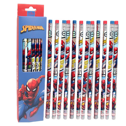 Pack of 12 Princess HB Pencils with erasers Kids Children Party Bag Fillers School Office (Spiderman(Different colour boxes Random shipping))