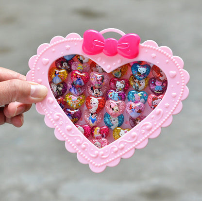 20Pcs Adjustable Princess Jewelry Girl Kids Cartoon Plastic Rings Gift Set with Heart Shape Box (20pcs)