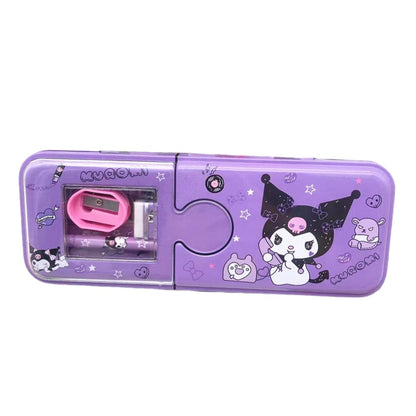 Cartoon Pencil Box with Sharpener & Eraser - Double Layer Metal Purple Pencil Box, Ideal for School & Birthday Gifts, Cartoon Pencil Childeren's Day Birthday Gift
