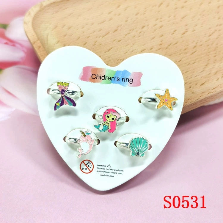 5pcs Adjustable Girls Rings Set Toys, Unicorn Finger Rings Princess Mermaid Rainbow Dress up for Children Kids Little Girls