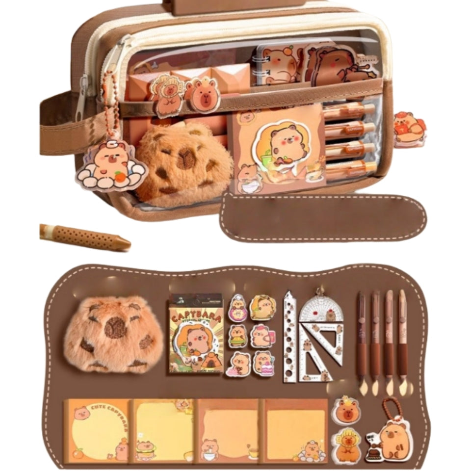 Capybara Stationery Set, Pencil Case with Stationary, Multi-Layer School Pencil Case, with Eraser, Ballpoint Pens, Sticker and More, school office supplier (Capybara)