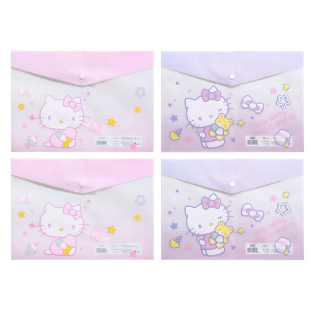 4PCS Plastic Wallets A4, 4 Different Designs Plastic Folders Popper Folder with Snap Closure, Lightweight Wallets for Document Office School for Kids Adults (Hello Kitty 4pcs, A4)