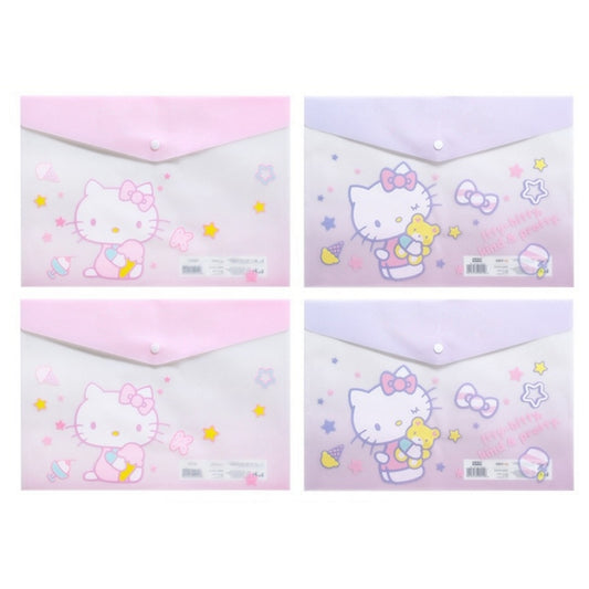 4PCS Plastic Wallets A4, 4 Different Designs Plastic Folders Popper Folder with Snap Closure, Lightweight Wallets for Document Office School for Kids Adults (Hello Kitty 4pcs, A4)