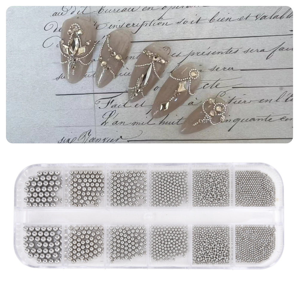 3D Nail Art Decorations Tool Nails Art Mini Micro Steel Nail Beads for Craft Nail Decoration, Silver Gold in box 6 Sizes (Silver)