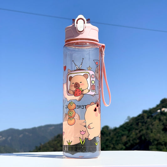 Store Water Bottle Reusable Kids PP with Two Lids Leak Proof with straw Lid BPA Free Drinking bottle (Pink Capybara 800ml)