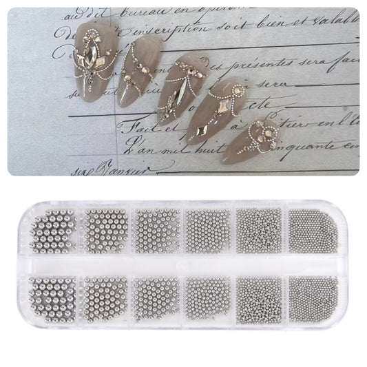 3D Nail Art Decorations Tool Nails Art Mini Micro Steel Nail Beads for Craft Nail Decoration, Silver Gold in box 6 Sizes