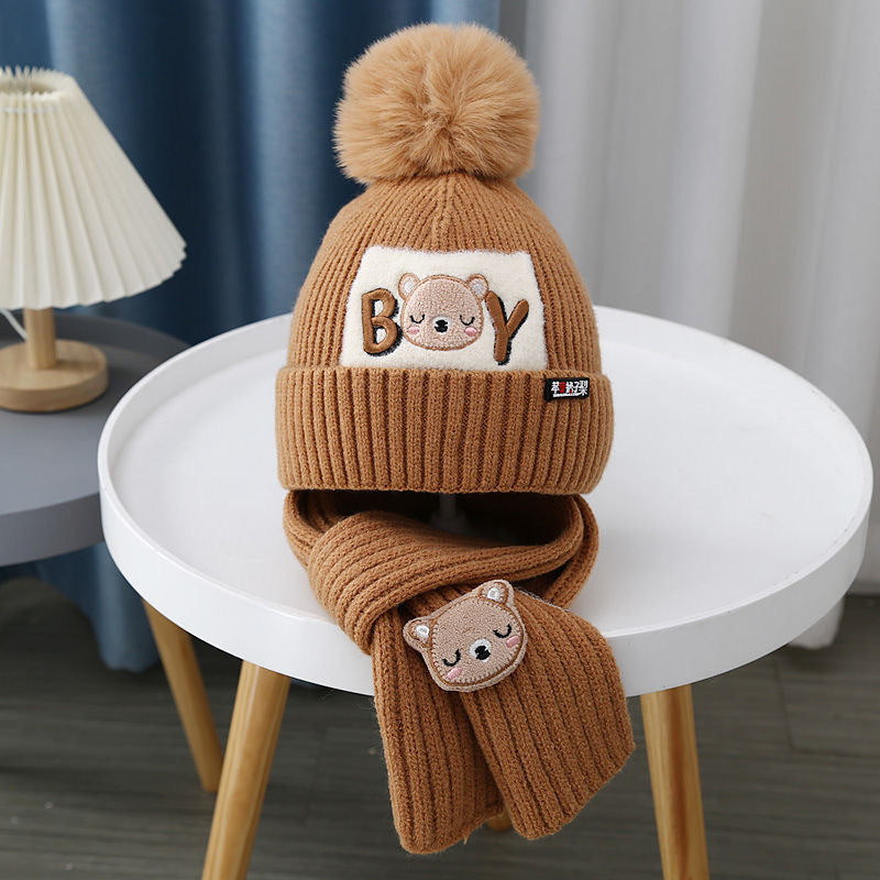 Kids Winter Beanie pom pom Hat Scarf Set 2Pcs Knit Warm Toddler Winter Cap Neck Warmer for Boys Girls Accessories Sets for Children Outdoor Sports