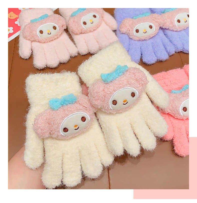 Full Finger Gloves Dinosaur Cat Capybara Winter Knit Warm Mittens Soft Lined Fleece Thermal Outdoor Stretchy Gloves for Kids boys girls (3D Kuromi)