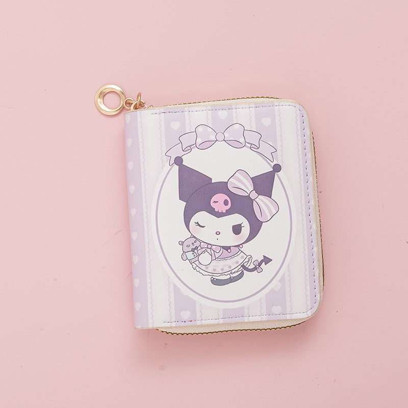 Kids GIrls Women Wallet Cute Trifold Wallet with Coin Purse Card Slots with zip pockets Gifts PU leather (Kuromi)