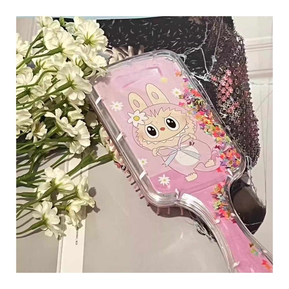 Princess mermaid Hair Brush,Paddle Hairbrush for Girls Kids,Easily Glide Through Knots No Pull Glitter Bristle Tangle Brushes Sequin airbag comb Gift (Labubu）