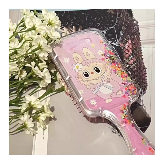 Princess mermaid Hair Brush,Paddle Hairbrush for Girls Kids,Easily Glide Through Knots No Pull Glitter Bristle Tangle Brushes Sequin airbag comb Gift (Labubu）