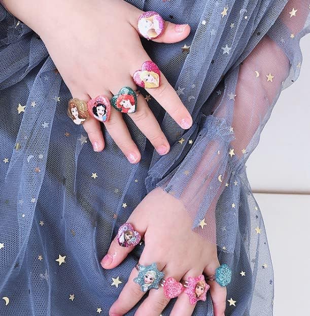 20Pcs Adjustable Princess pink Jewelry Girl Kids elsa Cartoon Plastic Rings Gift Set with Heart Shape Box