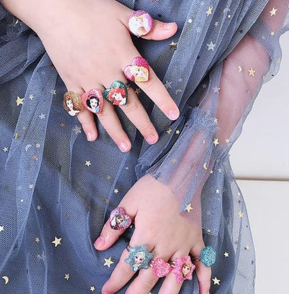 20Pcs Adjustable Princess pink Jewelry Girl Kids elsa Cartoon Plastic Rings Gift Set with Heart Shape Box
