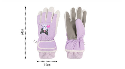 Kids Boy Girl Waterproof Winter Snow Ski Snowboard Fleece Thermal Warm Outdoor Gloves(Kuromi)