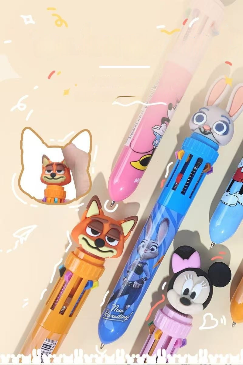 Multicolor teddy bear Pens 0.5mm 10-in-1 Retractable Ballpoint Pens 10 Colors Transparent Barrel Ballpoint Pen for Office Supplies and kids school（Minnie）