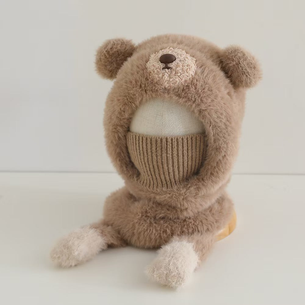 Kids Cartoon 3 in 1 Hat Scarf Gloves Set Winter Warm Fleece Stch Faux Fur Hoodie Full Hood Thick Thermal Scarves Gifts for Boys and Girls Kids (Pink)