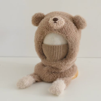 Kids Cartoon 3 in 1 Hat Scarf Gloves Set Winter Warm Fleece Stch Faux Fur Hoodie Full Hood Thick Thermal Scarves Gifts for Boys and Girls Kids (Pink)