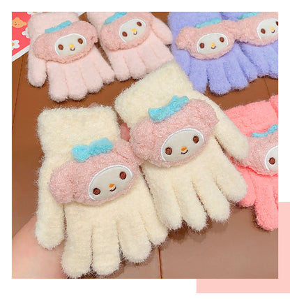 Full Finger Gloves Dinosaur Cat Capybara Winter Knit Warm Mittens Soft Lined Fleece Thermal Outdoor Stretchy Gloves for Kids boys girls (3D My Melody)