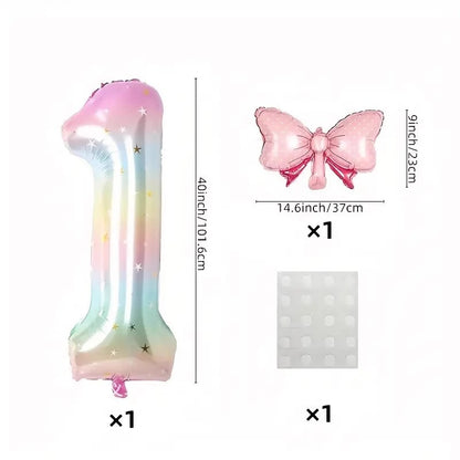 40'' Pink Number with Bow Balloon, Self Inflating Foil Light Pink Set 0-9, Pastel Pink Helium Balloon for Girls Birthday Party Decorations Anniversary Supplies (Rainbow, Number 8)