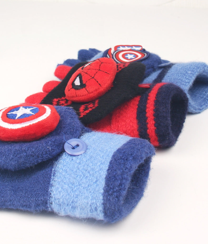 Fingerless Flap Cover Gloves Winter Knit Warm Mittens Soft Lined Fleece Thermal Outdoor Half Finger Gloves with Cover Convertible Flip Top for Kids