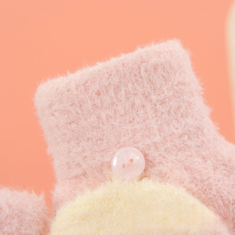 Fingerless Flap Cover Gloves Winter Knit Warm Mittens Soft Lined Fleece Thermal Outdoor Half Finger with Cover Convertible Flip Top for Kids boys girls (Cinnamoroll)