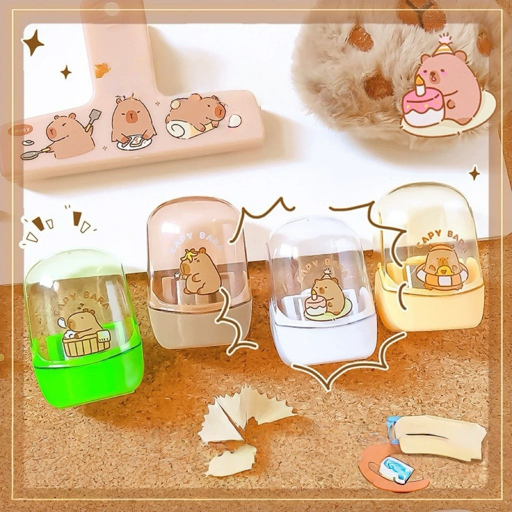 4PCS Pencil Sharpeners, Twin Hole Pencil Sharpener with Container Handheld Capybara Small Manual Pencils Sharpener with Lid Manual for Office School Supplies (Capybara)