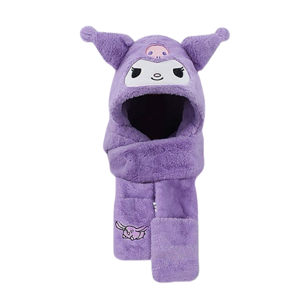 Kids Cartoon 3 in 1 Hat Scarf Gloves Set Winter Warm Fleece Stch Faux Fur Hoodie Full Hood Thick Thermal Scarves Gifts for Boys and Girls Kids (Cinnamoroll)