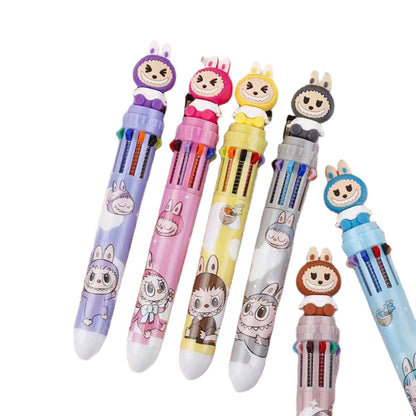 Multicolor teddy bear Pens 0.5mm 10-in-1 Retractable Ballpoint Pens 10 Colors Transparent Barrel Ballpoint Pen for Office Supplies and kids school (Labubu(random color))