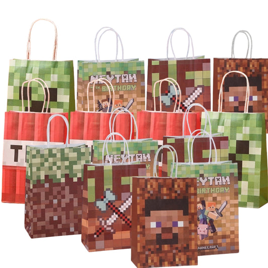 18 Pieces Princess Pink Kraft Paper Bags for Girls Gifts Party Favor Goodie Treat Bags With Handle for Christmas,Birthday,and Celebrations Party Supplies (Minecraft)